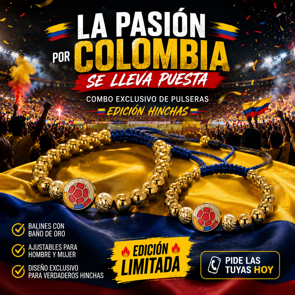 ⚽🔥 ¡SET X 2 PULSERAS CON BALINES EN BAÑO DE ORO! PASIÓN POR LA SELECCIÓN🔥⚽