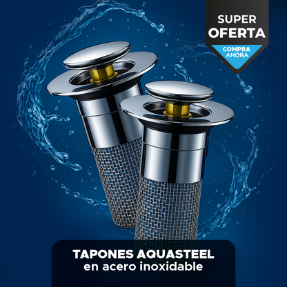 🚨PAGA 1 Y LLEVA 2 Tapones en acero inoxidable AquaSteel™, sella y drena con un toque 👍