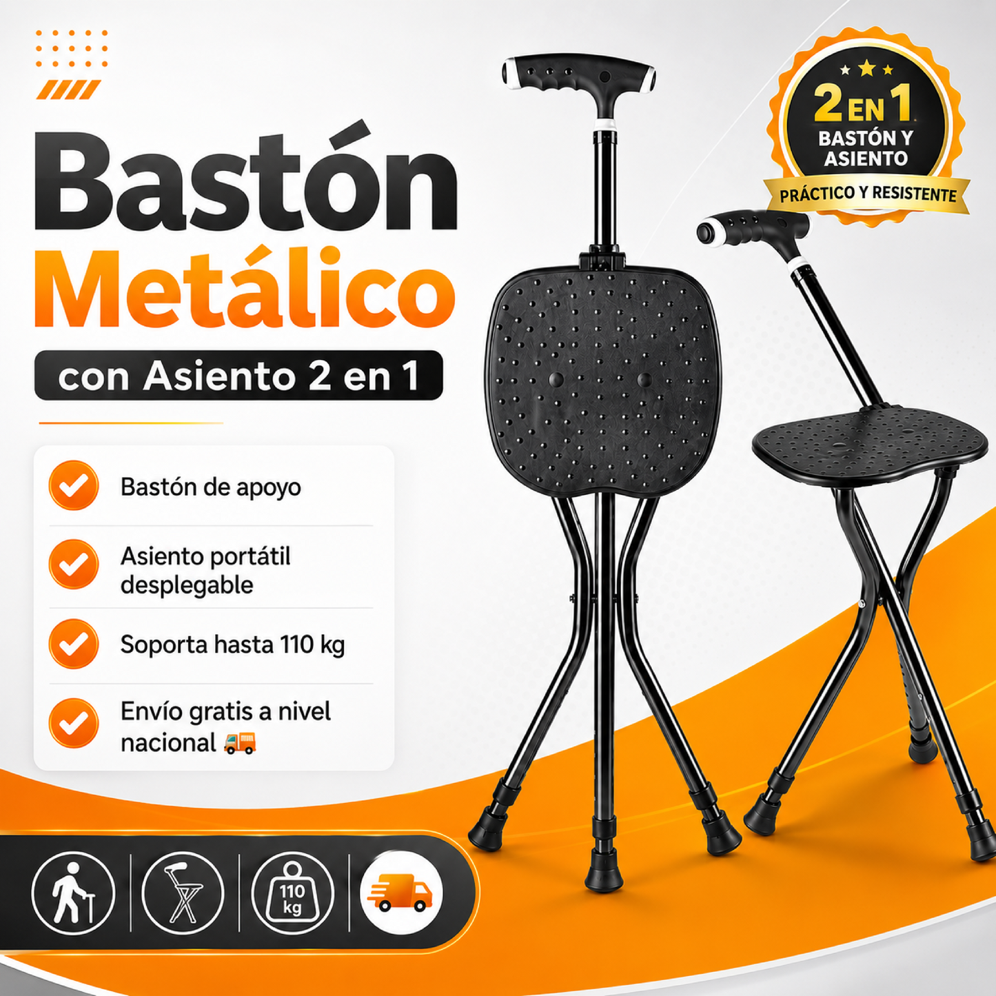 💡 🦯Bastón ConfortSeat 2 en 1 🦯🌟Práctico, portátil y fácil de usar. ✨