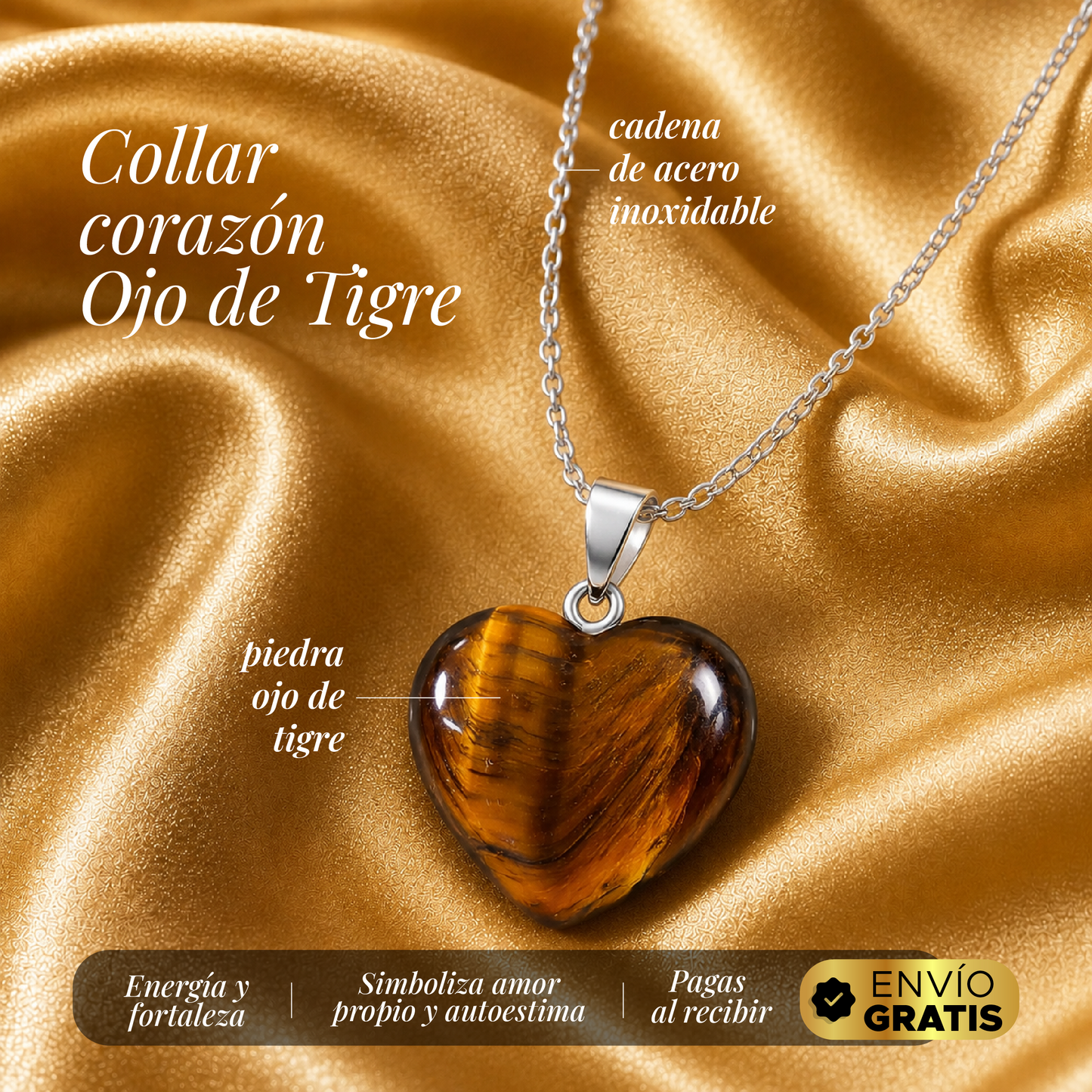 🐅🧡✨ Collar Corazón Ojo de Tigre Premium ✨🧡🐅