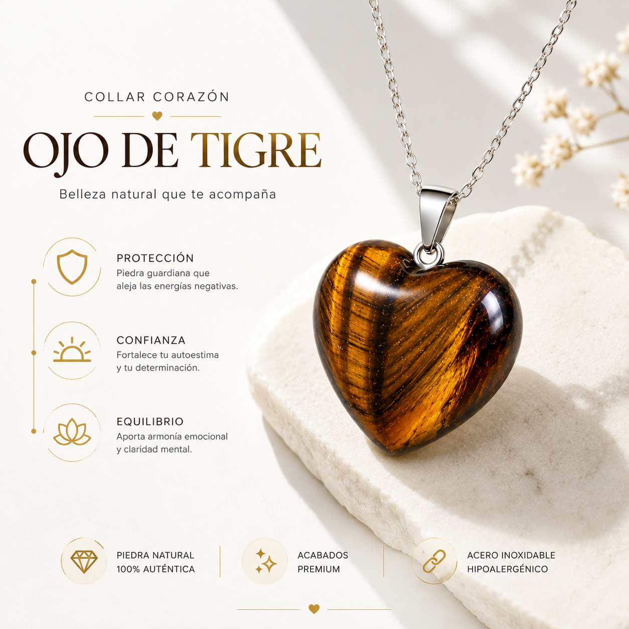🐅🧡✨ Collar Corazón Ojo de Tigre Premium ✨🧡🐅