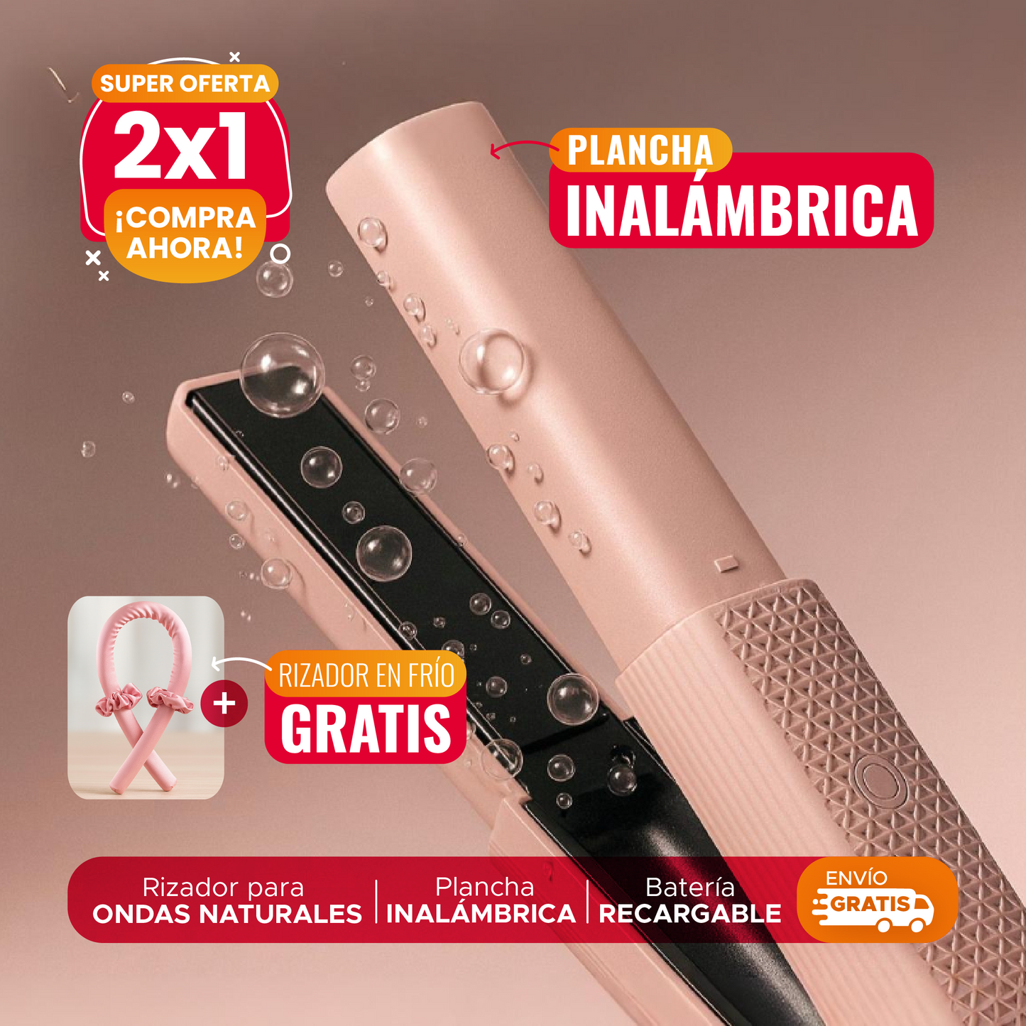 💇♀️GLOWHAIR™ COMBO 2 EN 1 🔥 PLANCHA INALÁMBRICA + RIZADOR EN FRÍO ✨