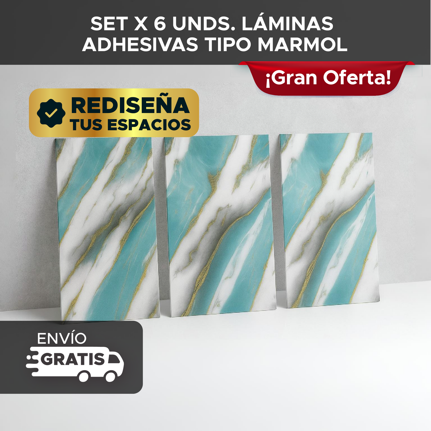🏡✨ SET X 6 UNIDADES LÁMINAS ADHESIVAS TIPO MÁRMOL 💎