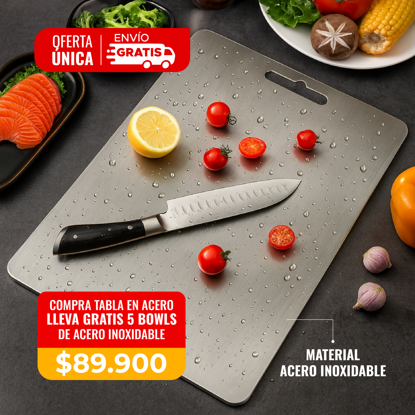 🔥COMBO TABLA EN ACERO + 5 BOWLS GRATIS  CON ALTA DURABILIDAD🔪