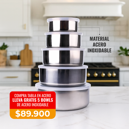 🔥COMBO TABLA EN ACERO + 5 BOWLS GRATIS  CON ALTA DURABILIDAD🔪