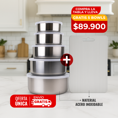 🔥COMBO TABLA EN ACERO + 5 BOWLS GRATIS  CON ALTA DURABILIDAD🔪
