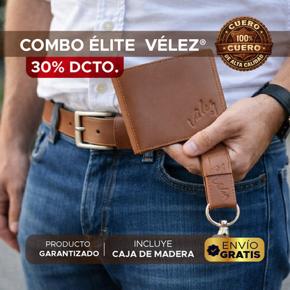 🎁🔥 COMBO ÉLITE VÉLEZ EN CUERO® – CORREA, BILLETERA Y LLAVERO EN CAJA DE MADERA🔥🎁