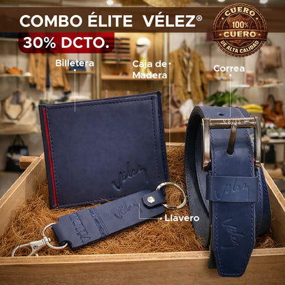 🎁🔥 COMBO ÉLITE VÉLEZ EN CUERO® – CORREA, BILLETERA Y LLAVERO EN CAJA DE MADERA🔥🎁