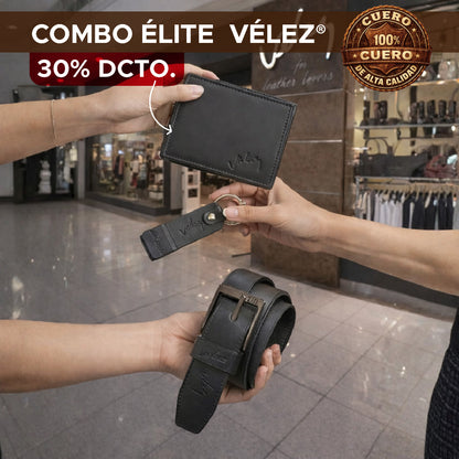 🎁🔥 COMBO ÉLITE VÉLEZ EN CUERO® – CORREA, BILLETERA Y LLAVERO EN CAJA DE MADERA🔥🎁