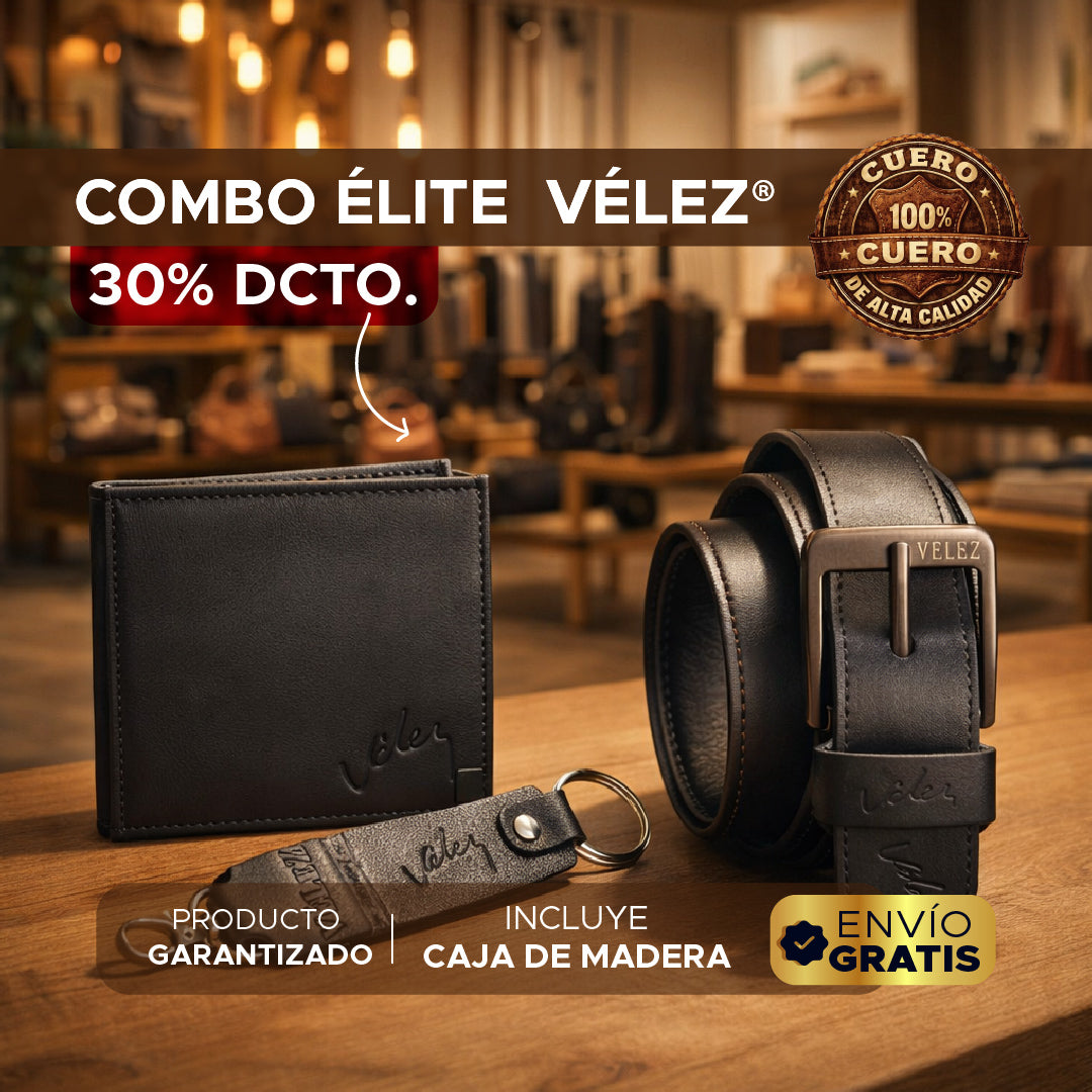 🎁🔥 COMBO ÉLITE VÉLEZ EN CUERO® – CORREA, BILLETERA Y LLAVERO EN CAJA DE MADERA🔥🎁