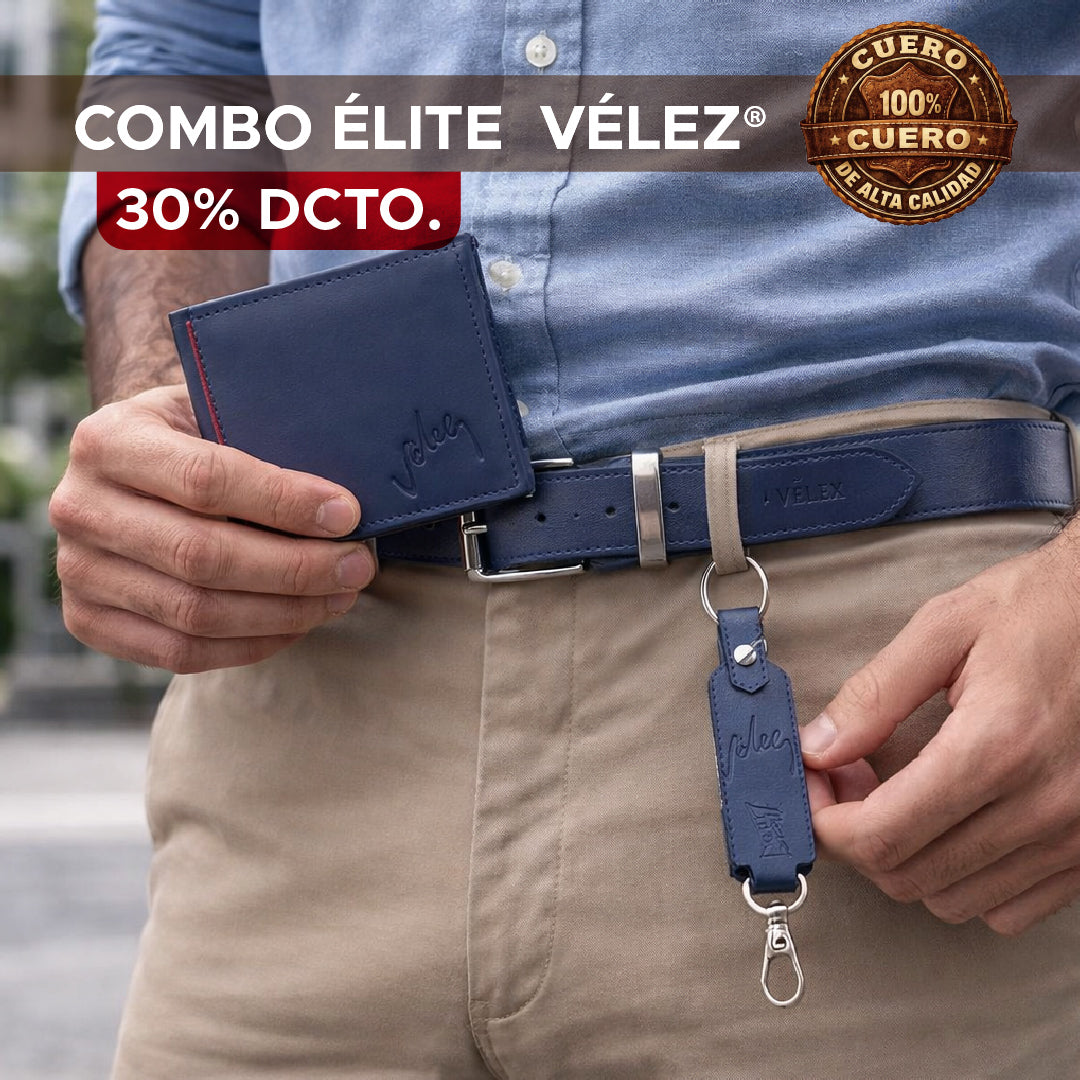 🎁🔥 COMBO ÉLITE VÉLEZ EN CUERO® – CORREA, BILLETERA Y LLAVERO EN CAJA DE MADERA🔥🎁