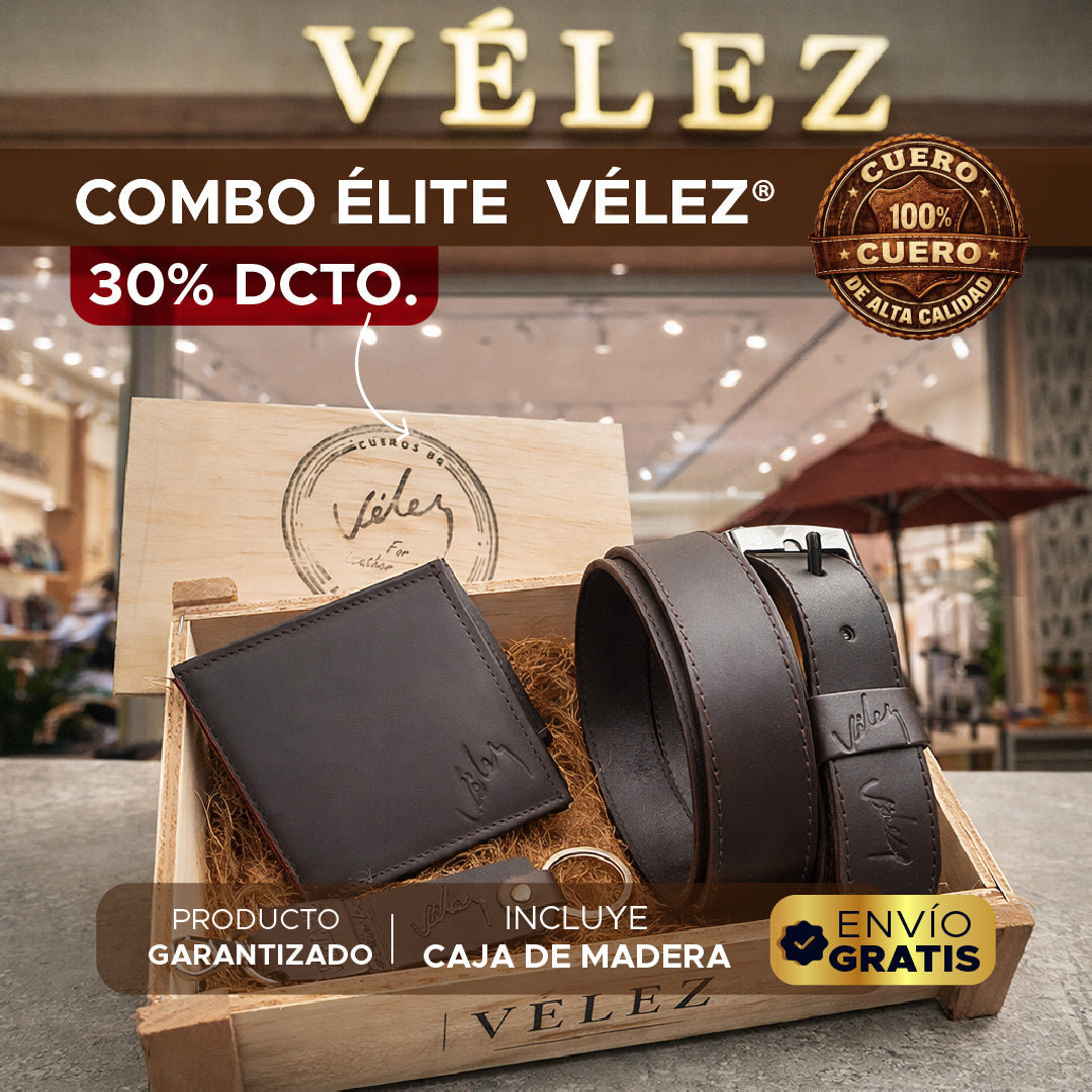 🎁🔥 COMBO ÉLITE VÉLEZ EN CUERO® – CORREA, BILLETERA Y LLAVERO EN CAJA DE MADERA🔥🎁