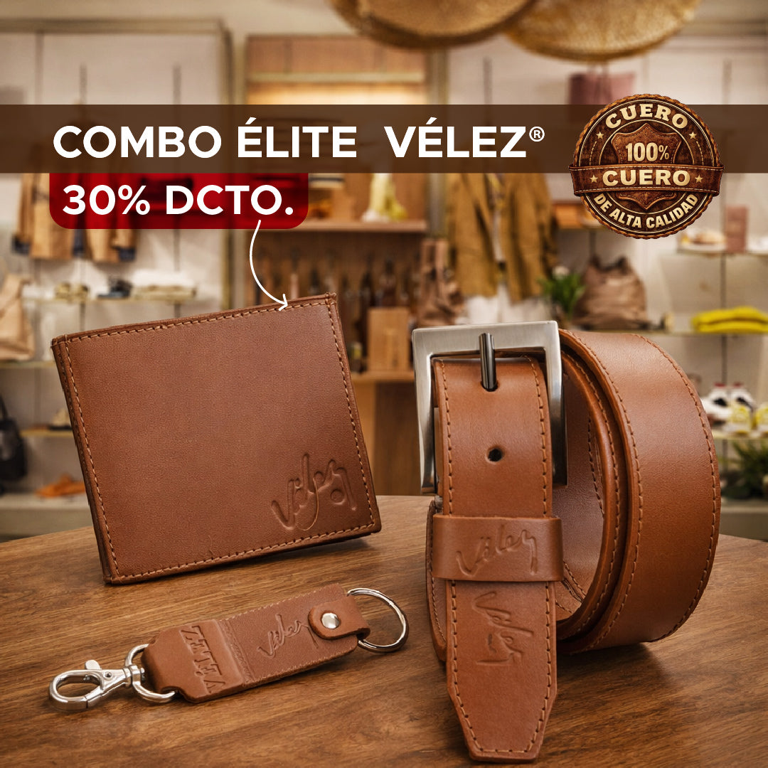 🎁🔥 COMBO ÉLITE VÉLEZ EN CUERO® – CORREA, BILLETERA Y LLAVERO EN CAJA DE MADERA🔥🎁