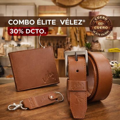 🎁🔥 COMBO ÉLITE VÉLEZ EN CUERO® – CORREA, BILLETERA Y LLAVERO EN CAJA DE MADERA🔥🎁