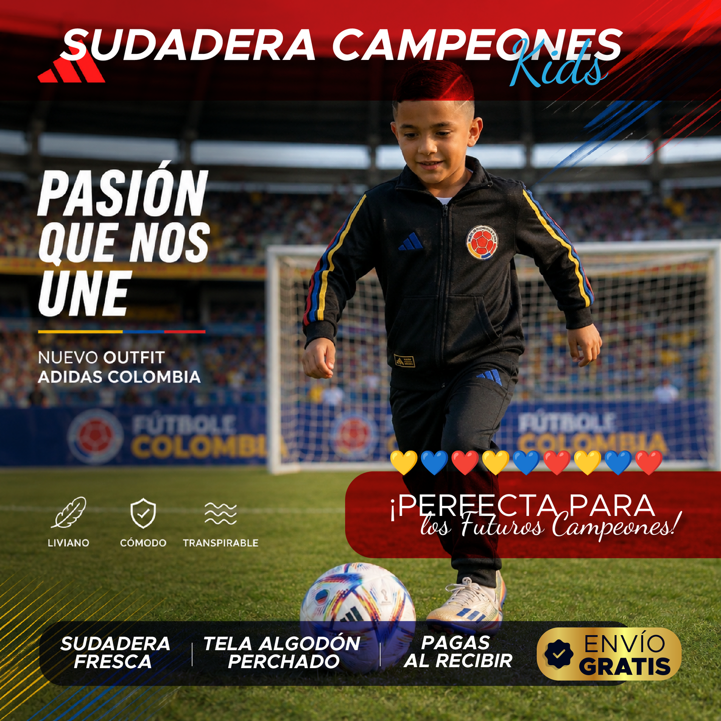 SUDADERA CAMPEONES KIDS 🇨🇴⚽ ¡LA SUDADERA OFICIAL DE LOS PEQUEÑOS HINCHAS! ⚽🇨🇴